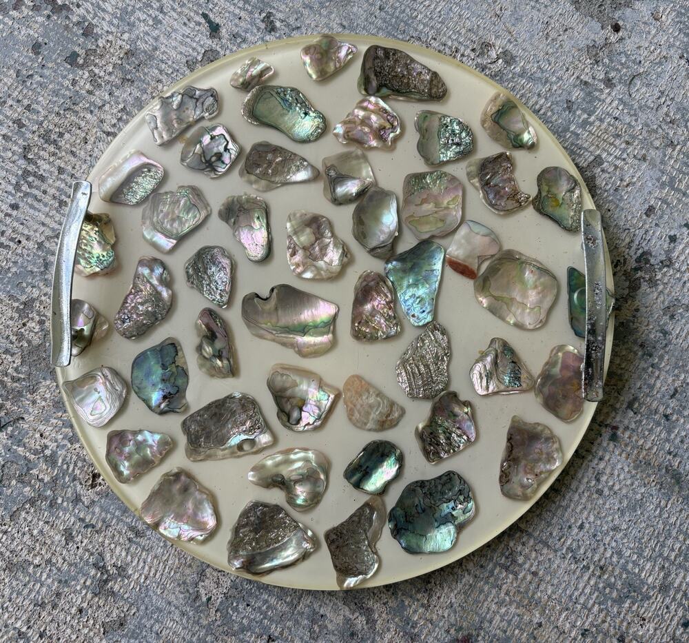 Vintage Abalone Shell Lucite Tray 14” Round with Handles Design Gifts USA 1974